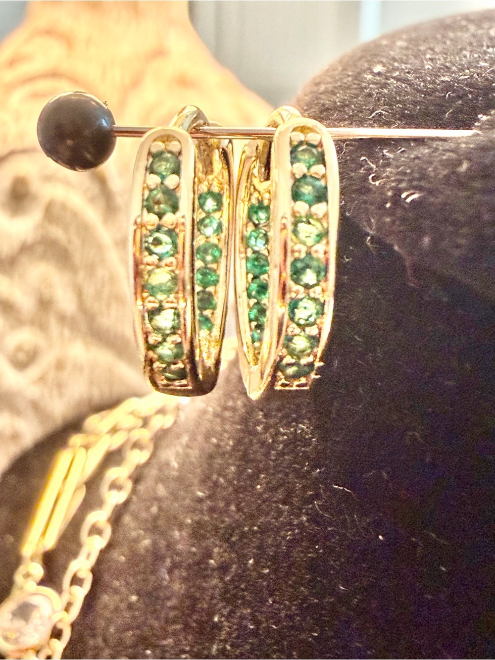 NWOT 14k Gold Huggie Earrings with Green CZ Accents - Women Jewelry